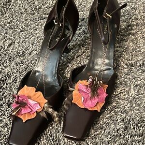Kate Spade Dark Brown Heels with Pink and Orange Floral Accents